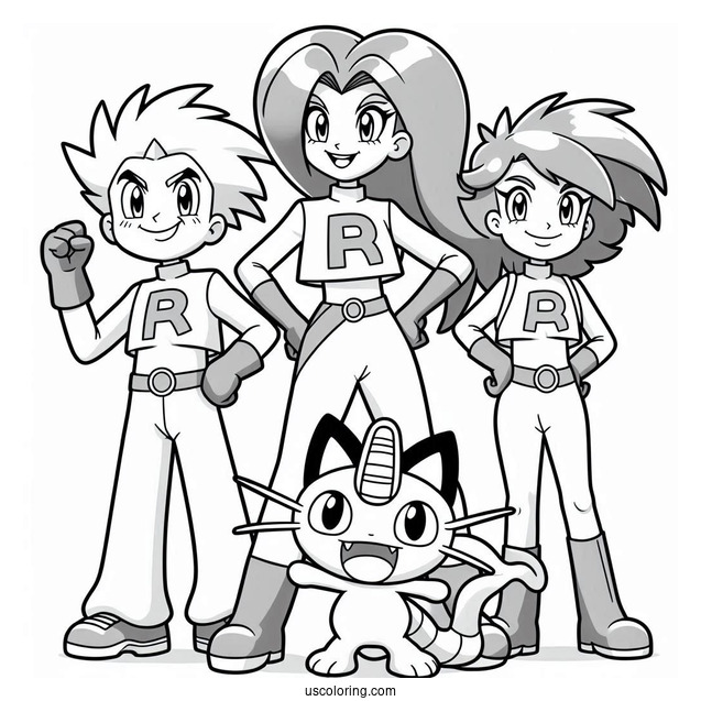 Team Rocket Jessie, James, and Meowth Coloring Page