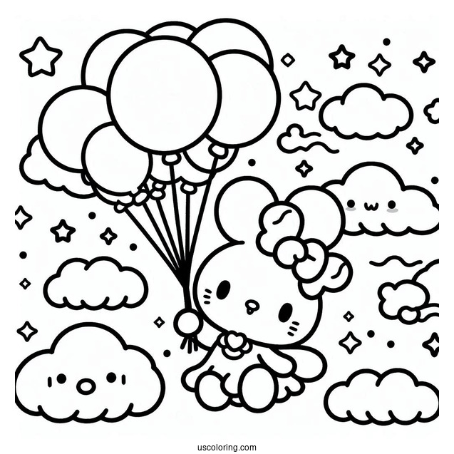 Sanrio Coloring Pages Of Cinnamoroll Holding Balloons In The Clouds