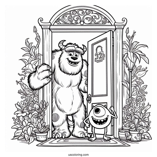 Pixar Coloring Page of Sully And Mike In Front Of Door Mosnter s Inc