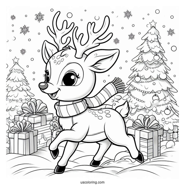 Happy Rudolph Coloring Page Trotting In The Snow With Presents In The Background