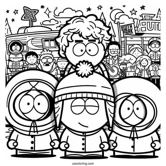 Eric, Stan, Kenny, And Kyle In Front Of South Park Coloring Page