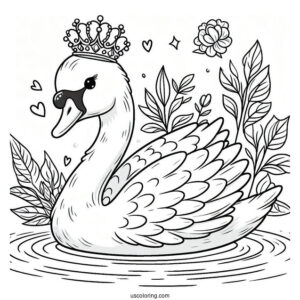 Swan Coloring Page With Crown In The Pond