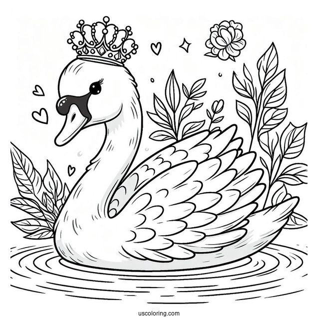 Swan Coloring Page With Crown In The Pond