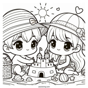 Summer Coloring Page Of Cute Chibi Children Making A Sandcastle For Kids