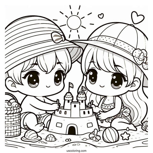 Summer Coloring Page Of Cute Chibi Children Making A Sandcastle For Kids