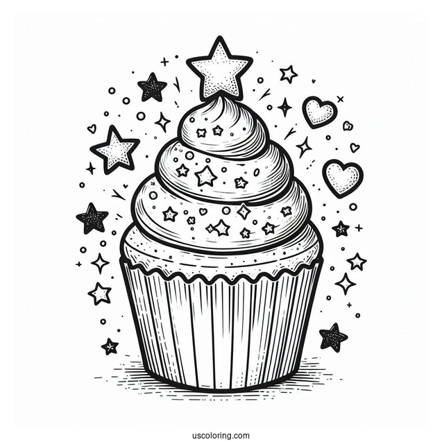 Cupcake With Stars And Love Heart To Color