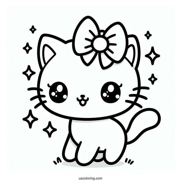 Kawaii Cat With Bow Coloring Page For Preschoolers