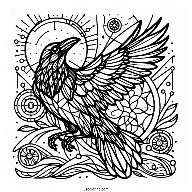 Raven Coloring Page With Stained Glass In The Background
