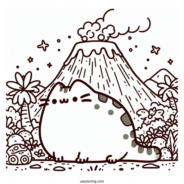 Dinosaur Pusheen Next To Volcano To Color