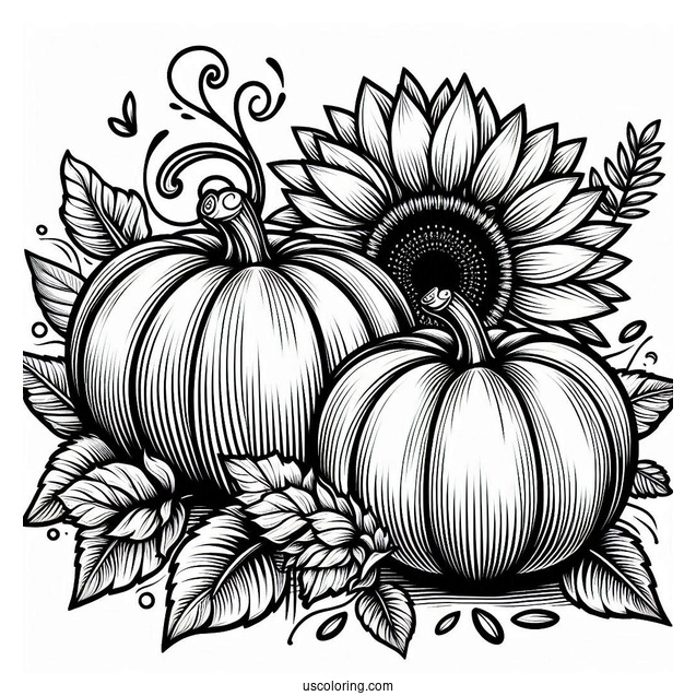 Two Large Pumpkin Coloring Page With Sunflower And Leaves