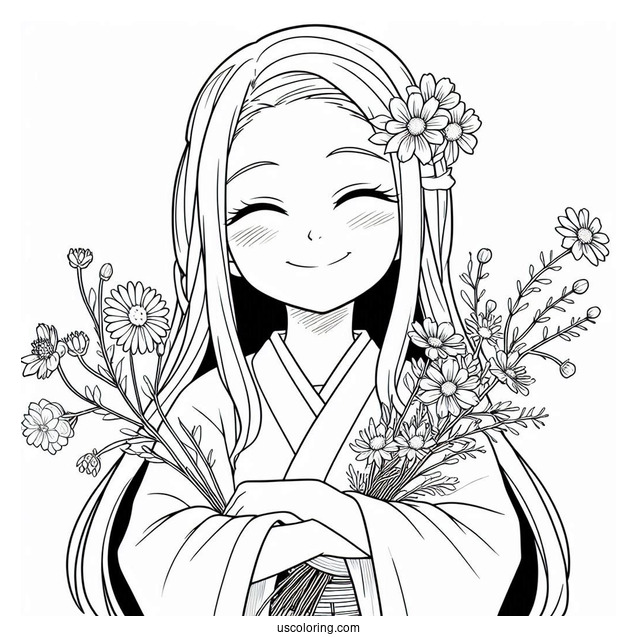 Nezuko Coloring Page Smiling And Holding Wildflowers