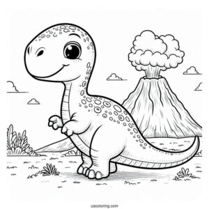 Little Apatosaurus With Volcano In The Background