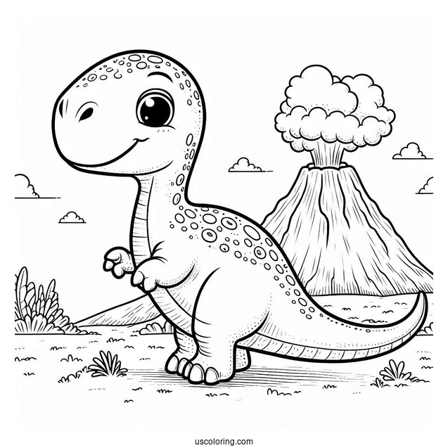 Little Apatosaurus With Volcano In The Background