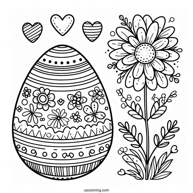 Easter Egg Coloring Page with Flower, Stripe, and Heart Patterns For Preschoolers