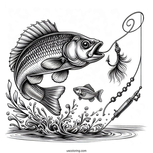 Realistic Fish Chasing The Bait On Fishing Coloring Page Rod