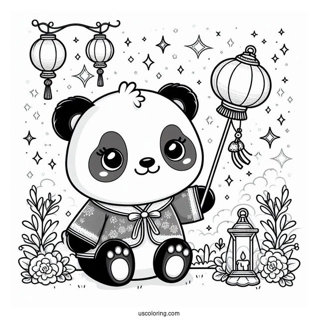 Panda Coloring Page with Sparkling Wand and Floating Lanterns For Kids