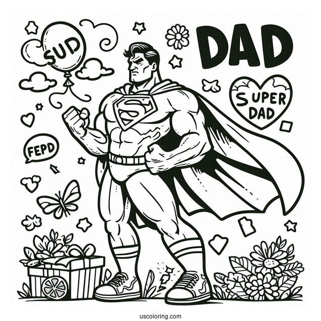 Father's Day Coloring Page Of Comic Super Dad Words For Kids