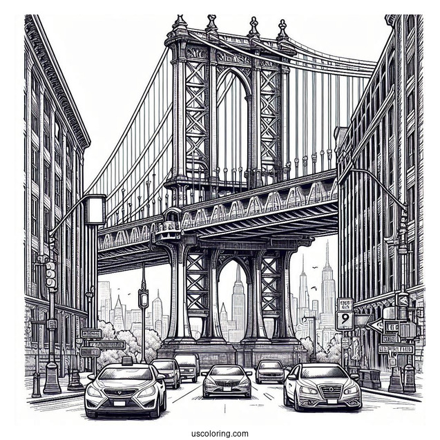 Realistic Manhattan Bridge In New York Coloring Page