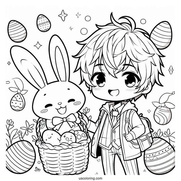 Easter Coloring Page Of Cute Anime Boy With Easter Bunny And Eggs For Kids