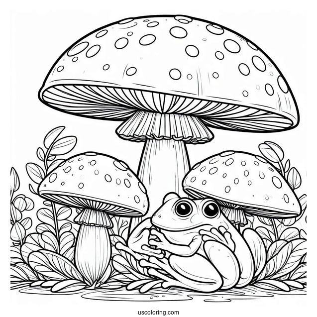 Frogs Sheltering Under A Mushroom Coloring Page