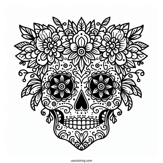Floral Sugar Skull Coloring Page For Kids
