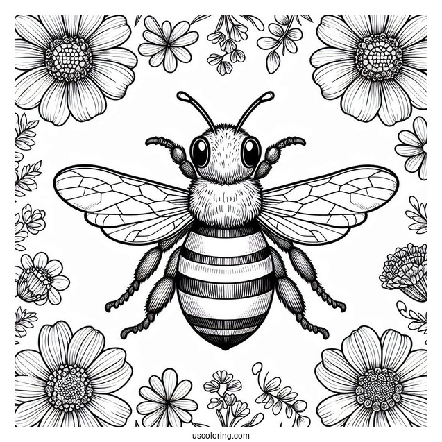 Top View of Bee Coloring Page Surrounded By Flowers