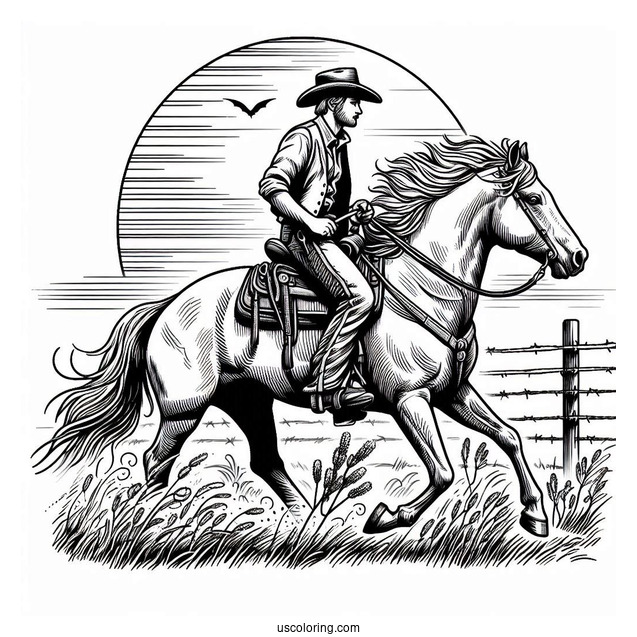 Realistic Cowboy Coloring Page Riding A Horse With The Sun Behind Them