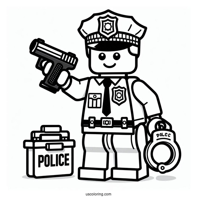 Coloring Page Of Lego Police Officer Holding Cuffs And Badge