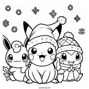 Pokemon Christmas Coloring Page Pikachu, Jigglypuff, Charmander, And Bulbasaur Wearing Santa Hat
