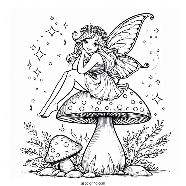 Beautiful Fairy Lounging On Top Of A Mushroom Coloring Page