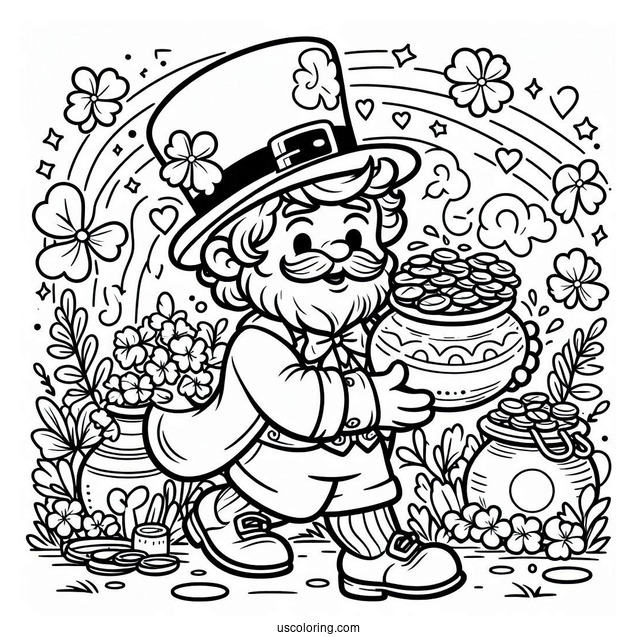 St. Patrick's Day Coloring Page Of Leprechaun Holding A Pot Of Gold For Kids