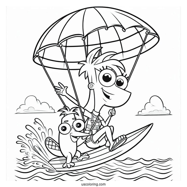 Phineas And Ferb Coloring Page And Candace Surfing With Perry The Platypus On A Parachute