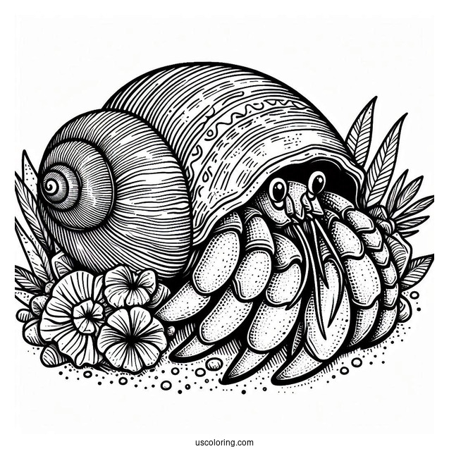 Detailed Hermit Crab Coloring Page In Shell