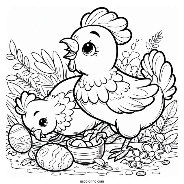 Two Cartoon Chickens Looking For Food