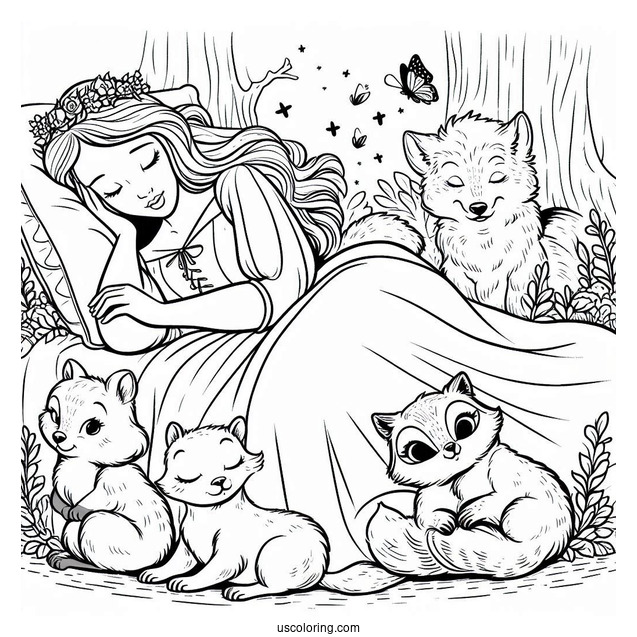 Sleeping Beauty With Forrest Critters Coloring Page
