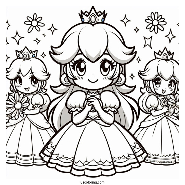 Easy Princess Peach, Rosalina, And Princess Daisy Coloring Page For Kids