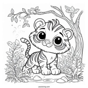 Young Tiger In The Jungle Coloring Page For Kids