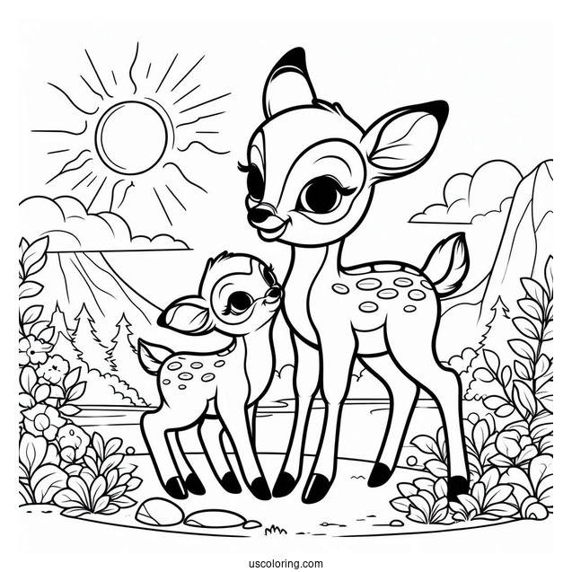 Simple Coloring Sheet Of Bambi And Mother Under The Sun