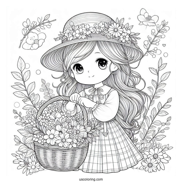 Realistic Little Girl Holding Basket Of Spring Coloring Page Flowers