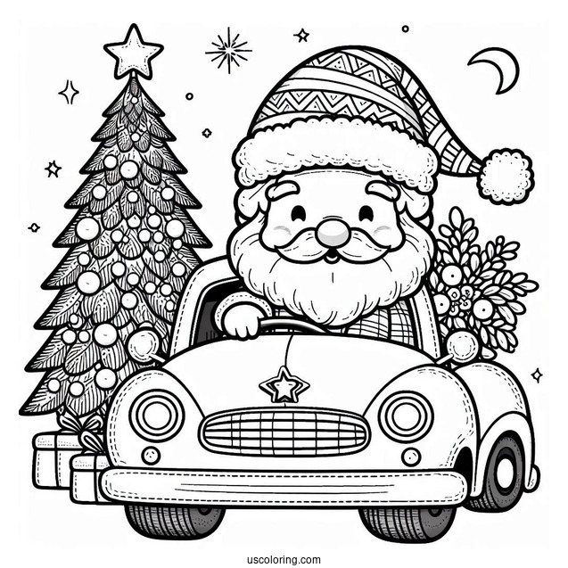 Santa With Christmas Tree On Car