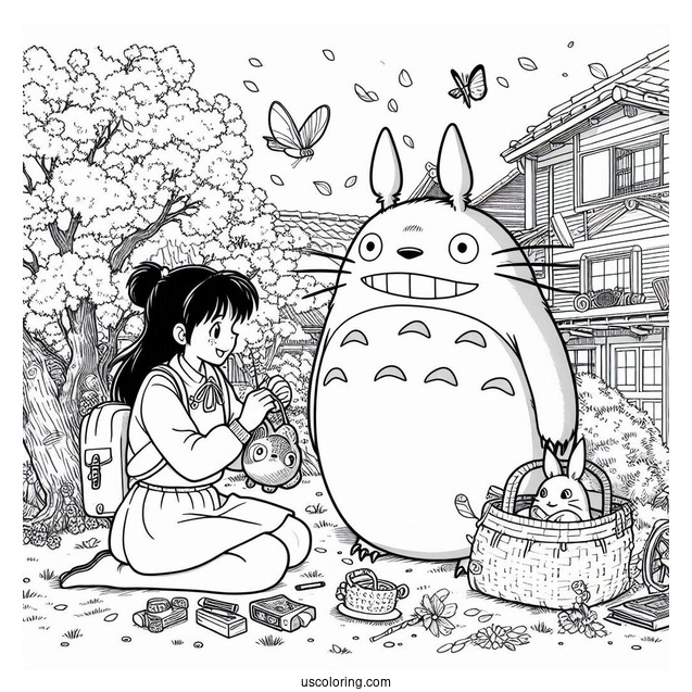 Studio Ghibli Coloring Page of Mei And Satsuki Playing With Totoro