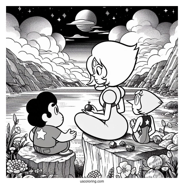 Steven Universe Coloring Page Of Garnet, Amethyst, And Pearl On Cliff with Spinel In The Background