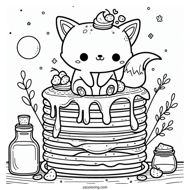 Easy Pancake Coloring Page Tower With Syrup And Tiny Foxes For Preschoolers