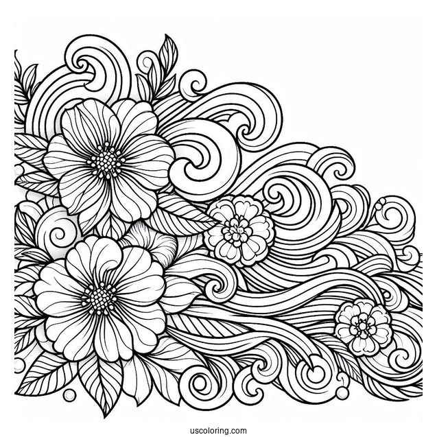 Waves And Flowers Pattern Coloring Page