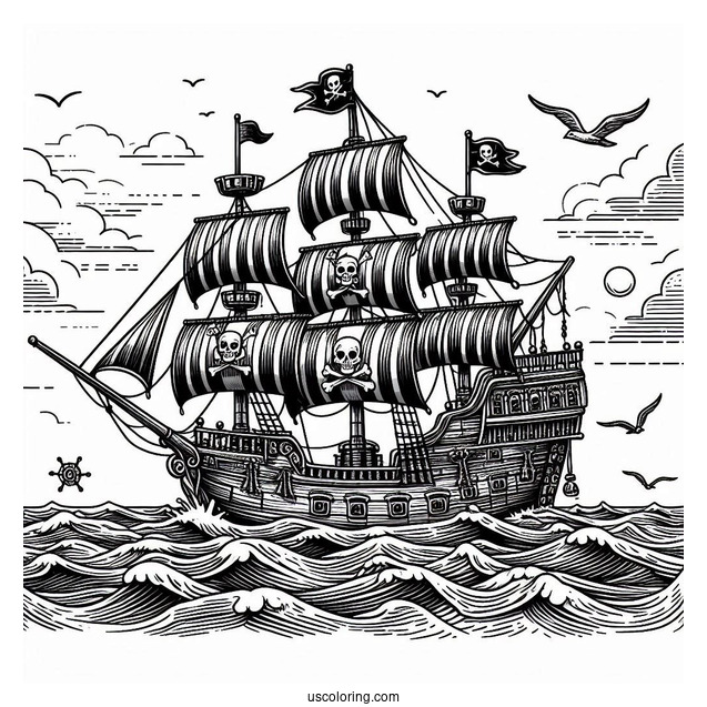 Detailed Pirate Coloring Page Ship At Sea