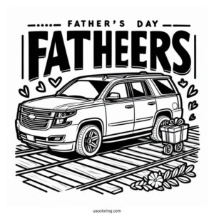 Father's Day Coloring Page Of Words Above A Car
