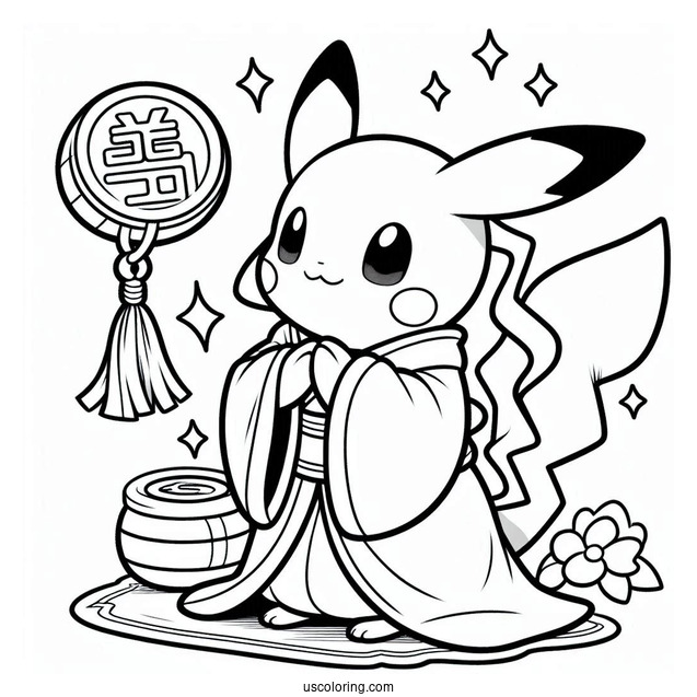 Mew Coloring Page Holding Koban Lucky Gold Coin