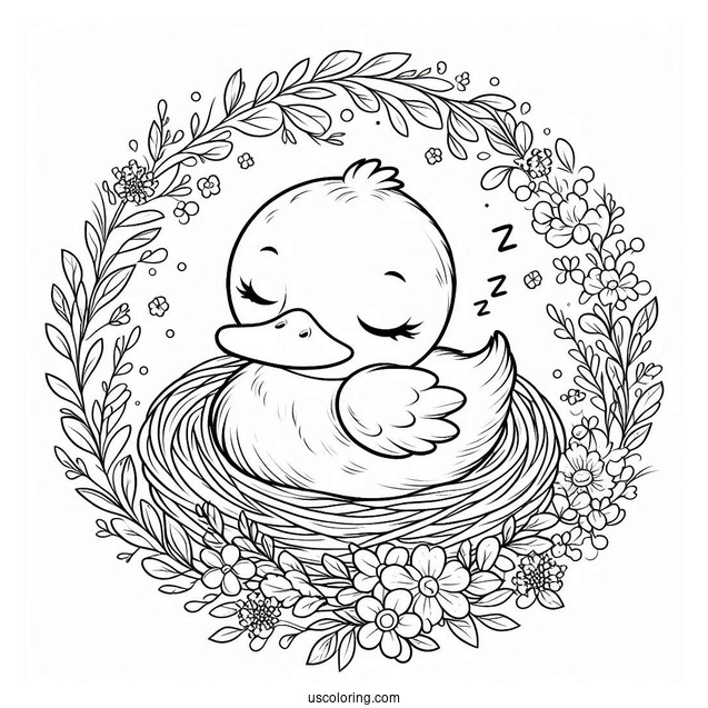 Sleeping Duckling Inside A Flower Wreath