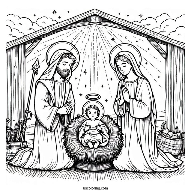 Nativity Coloring Page Of Joseph, Mary, And Jesus With Haloes