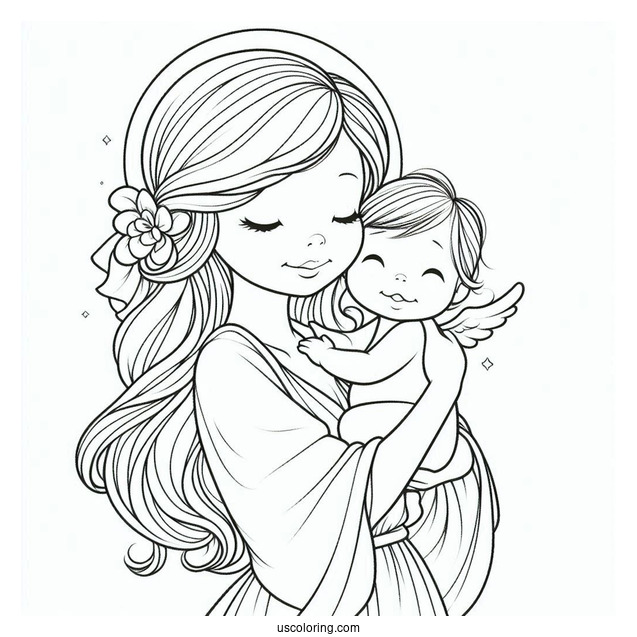 Precious Moments Coloring Page Of Mother Holding Up Baby